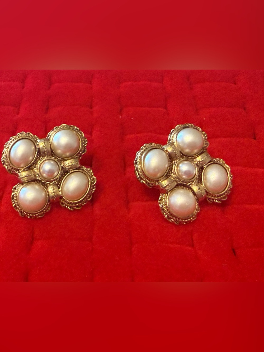 Vintage 1928 Gold-Tone Faux Pearl Cluster Clip-On Earrings